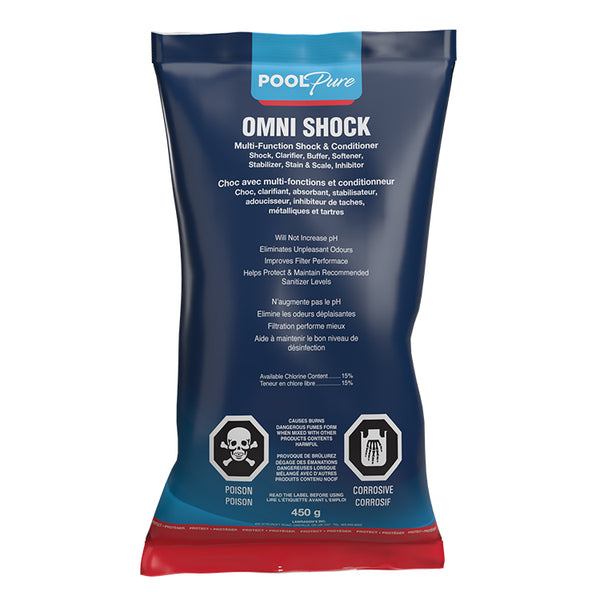 Pool Pure Omni Shock is a revolutionary product featuring a 7 in 1 application to control bacteria and algae and maintain chlorine effectiveness. Multi-function shock & conditioner with shock , clarifier, buffer, softener, stabilizer, stain & scale, inhibitor by Pool Products Canada