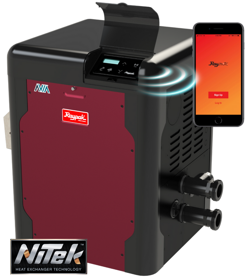 Raypak Avia P-R264A-EP-N 264000 BTU Natural Gas Swimming Pool Heater Canada Best price free shipping Raymote integrated wifi control for connectivity anywhere anytime at www.poolproductscanada.ca - The Rheem and Raypak specialists