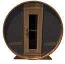 Two Half Moon Bronze Windows| Barrel Sauna | Clear Cedar
