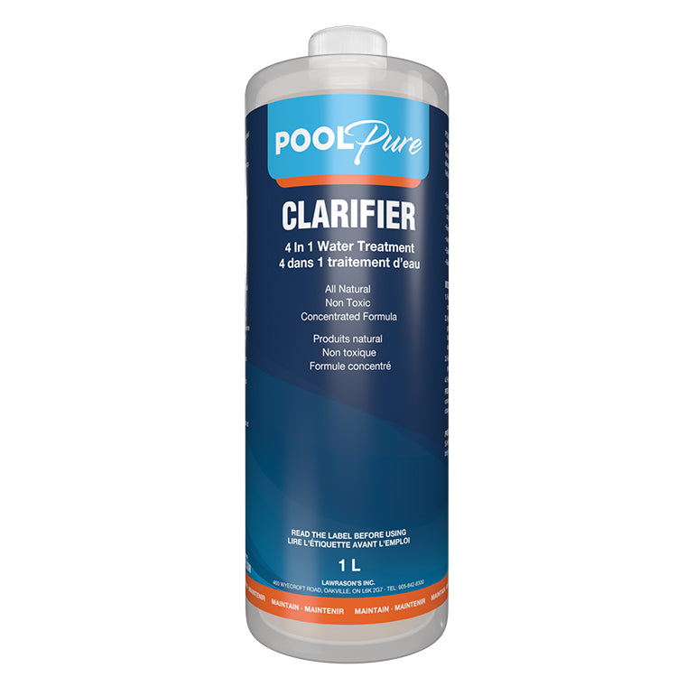 Pool Pure 4 in 1 water treatment clarifier for pools and spa. Compatible with sand and cartridge filters for residential and commercial pools. Superior value versus Super Clarifier by Pool Supplies Canada and Summer Smiles Clarita. Pool Products Canada is a proud Pool Pure exclusive dealer