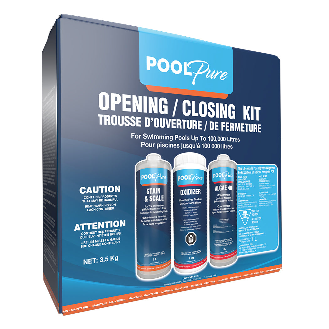 The Pool Pure premium opening and closing kit is rating for all season use. It works for pools up to 100,000 :?. The kit contents include 1L bottle of stain and scale, 1L bottle of algaecide 40, 1kg bottle of non-chlorine oxidizing shock. This kit represents superior value versus the Sumer Smiles Opening & Closing kits and the Premium chemical kit by Pool Supplies Canada. When shopping for your next premium pool opening and closing chemical kit in Canada, Ontario, Quebec, BC, Alberta, New Brunswick buy here