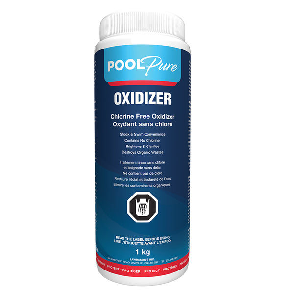 Pool Pure Oxidizer 1kg container for a chlorine free shock treatment for pools and spas in Canada. Compatible with salt water pools by Pool Products Canada