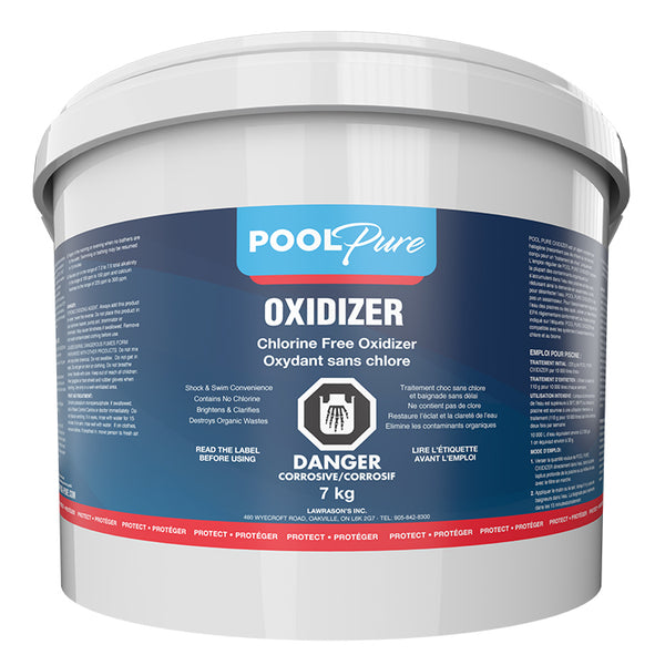 Pool Pure Free Free Oxidizer shock treatment brightens and clarifies, dstroys orgnaic waste and contains no chlorine. This 7 kg bucket is a top value for residential and commercial pools by Pool Products Canada. Superior product versus Summer Smiles Shok Ultra