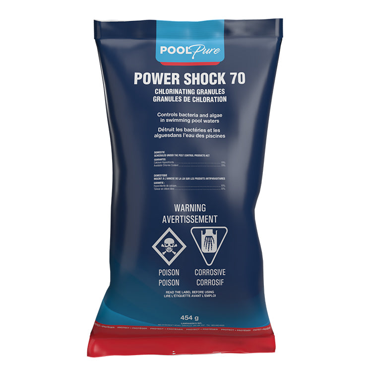 Pool Pure Power Shock 70 chlorinating grandules is a high intensity shock for pools and spas. For residential and commercial pools in a convenient 450 gram pouch. Superior product versus Summer Smiles Shok. Pool Products Canada