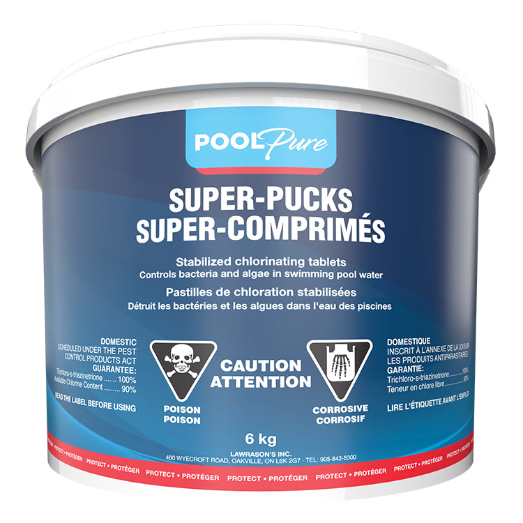 Container of Pool Pure Super-Pucks chlorinating tablets on a white background. The superior product versus King Size Chlorine Pucks Stabilized (6kg) by Pool Supplies Canada and Summer Smiles Chlor Ultra 7kg.
