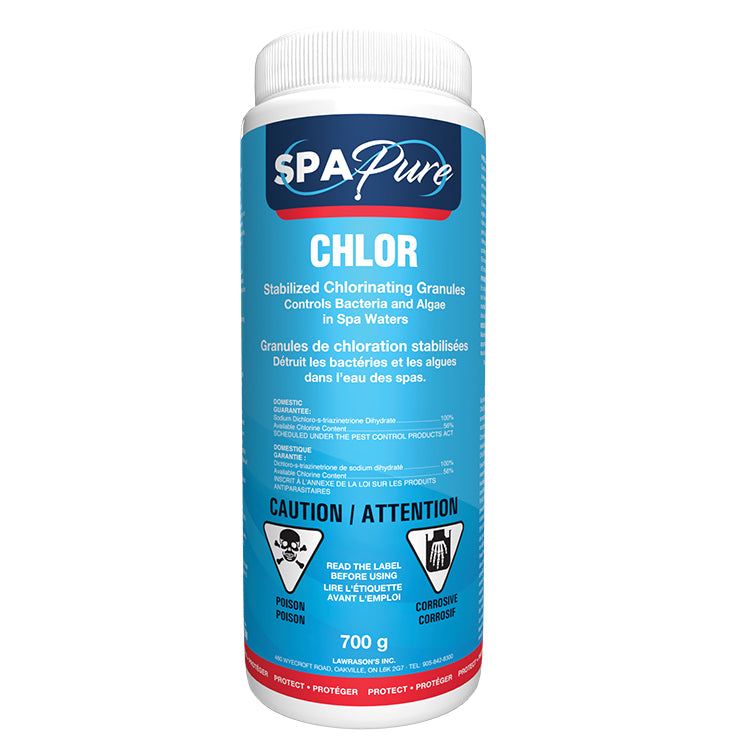 Spa pure stabilized chlorinating granules for hot tubs in Canada. Easy to use. Superior value versus Spa Chlorine Granules by Pool Supplies Canada or Summer Smiles Spa Chlor Ultra. Pool Products Canada redistributes top quality spa pure products