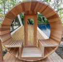 Halfmoon Mirrorpane Windows | Barrel Sauna | Knotty Cedar