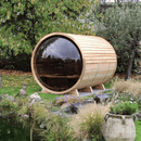 Leisurecraft - Panoramic Sauna with Porch - Knotty Cedar | 7'x8' | Huum Drop 9KW WiFi | Drop Railing | Porch w/Signature Benches | Inside Signature Benches | Door with Large Bronze Window | Black Metal Roof | Electric Sauna Light|