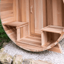 Leisurecraft - Panoramic Sauna with Porch - Knotty Cedar | 7'x8' | Huum Drop 9KW WiFi | Drop Railing | Porch w/Signature Benches | Inside Signature Benches | Door with Large Bronze Window | Black Metal Roof | Electric Sauna Light|